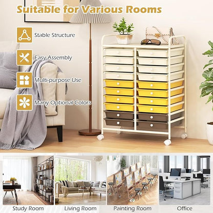 Happygrill 20-Drawer Organizer Cart Tools, Mobile Utility Storage Cart with Removable Drawers & Lockable Wheels, Rolling Storage Cart with wheels for Home Office School (Yellow, Beige & Grey)