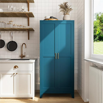 COFaR 61" Pantry Cabinet in Peacock Blue, Farmhouse Storage Cabinet with Adjustable Shelves, Sturdy Freestanding Cupboard for Kitchen Organization, Bathroom & Living Room