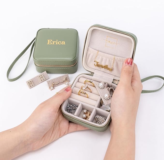 Angelina's Palace Personalized Jewelry Case with Name Engraved,Custom Leather Travel Jewelry Organizer Box for Rings,Earrings,Necklaces,Birthday Bridesmaid Gift For Women
