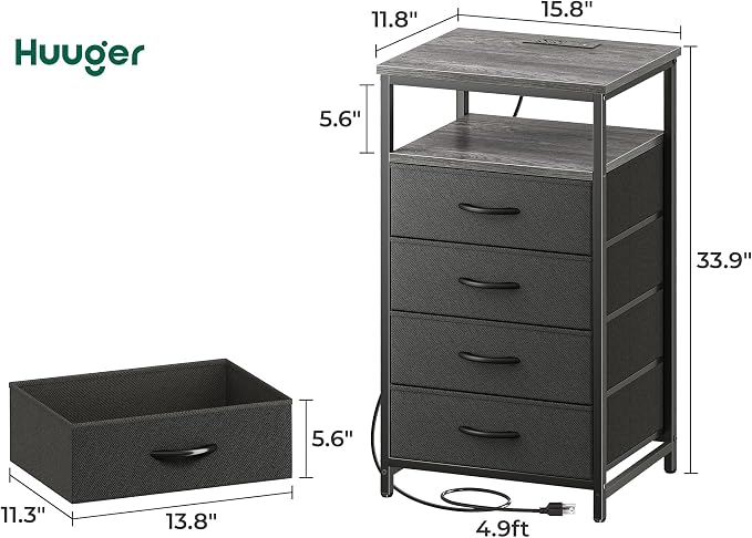Huuger Night Stand with Charging Station, 4 Drawer Dresser for Bedroom, Bedside Table, 33.9 Inch Tall Nightstand with Open Shelf, End Table, for Closet, Entryway, Bedroooom, Gray