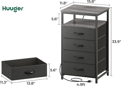 Huuger Night Stand with Charging Station, 4 Drawer Dresser for Bedroom, Bedside Table, 33.9 Inch Tall Nightstand with Open Shelf, End Table, for Closet, Entryway, Bedroooom, Gray