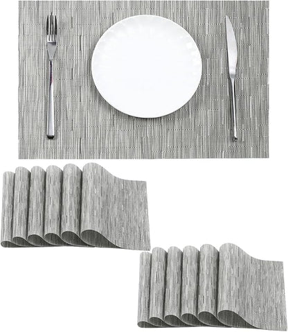 Leetaltree Silver Placemats Set of 12 - Heat Resistant Non-Slip Place mats for Dining Table, Washable Durable PVC Vinyl Woven Table Mats（Sliver, 12）