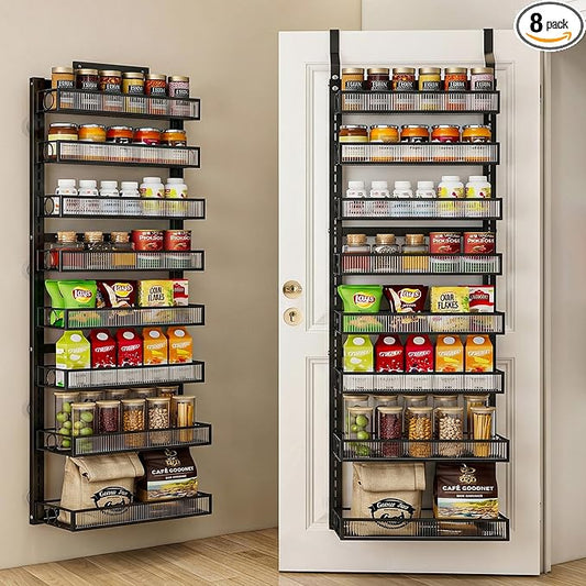 Over the Door Pantry Organizer 8 Tier Hanging Door or Wall Mounted Spice Rack with Adjustable Acylic Basket,Heavy Duty Metal Seasoning Storage Shelf for Kitchen Pantry and Bathroom