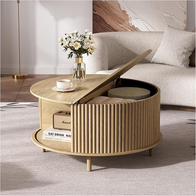 SULIVES Round Coffee Table with Storage,Mid Century Modern Coffee Table with Sliding Door,Fluted Center Table with Solid Wood Legs,Small Coffee Table for Living Room,Oak