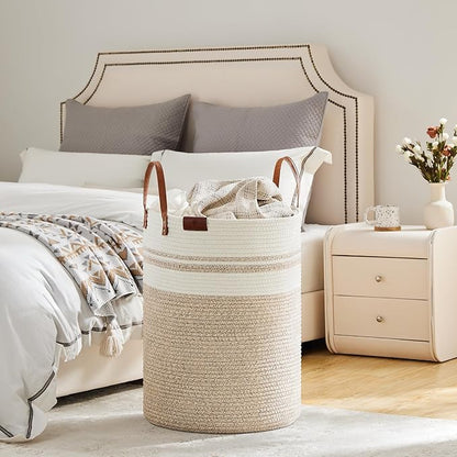 VIPOSCO Tall Laundry Basket, Large Dirty Clothes Hamper with Leather Handle, Woven Rope Storage Basket for Blanket, Toy In Living Room, Bathroom, Bedroom - 100L Brown & White