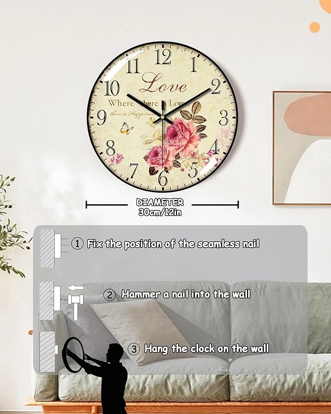 Decorative Wall Clocks Batterys Operated, Retro Wall Clock with Glass Dial, 12-Inch Dial with Roman Numerals, Silent and No Ticking, Suitable for Living Room, Bedroom, Dining Area, Workspace