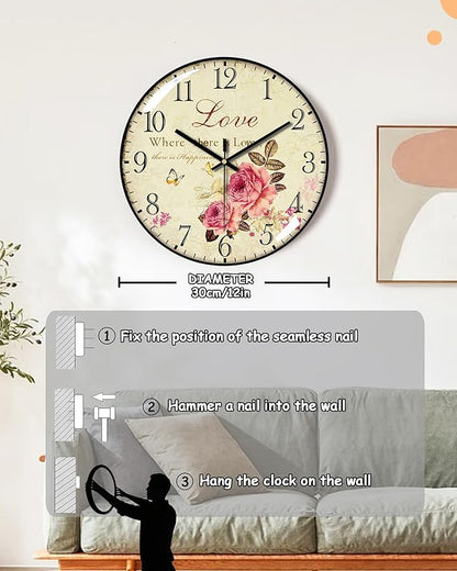 Decorative Wall Clocks Batterys Operated, Retro Wall Clock with Glass Dial, 12-Inch Dial with Roman Numerals, Silent and No Ticking, Suitable for Living Room, Bedroom, Dining Area, Workspace