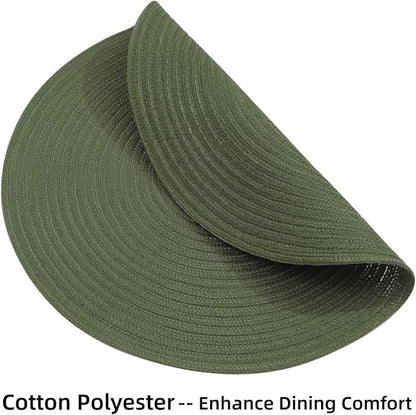 SHACOS Round Placemats Set of 4 Washable 15 inch Round Table Mats Cotton Polyester Woven Braided Place Mats for Dining Table Wedding Party Decor (Olive Green, 4)
