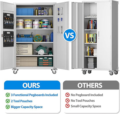 Aobabo Upgraded Wide & Deep Garage Storage Cabinet with Wheels, Metal Storage Cabinet with Door Pegboards and 2 Rod for Garage Home Storage (White, 43.3''W x 21.9''D x 72''H),Required Assembly