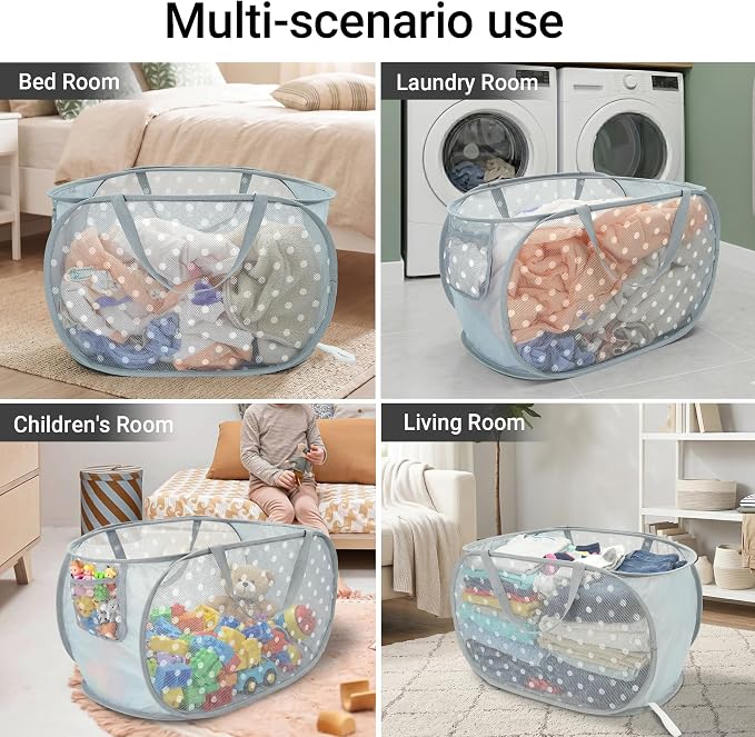 Sturdy Collapsible Laundry Baskets with Side Pockets, Mesh Pop Up Laundry Hamper, Foldable Clothes Storage Hamper with Reinforced Carry Handles for Home, Dorm, Travel -Polka Dot Print, Gray