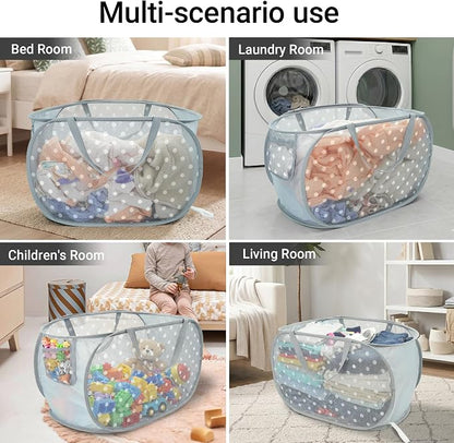 Sturdy Collapsible Laundry Baskets with Side Pockets, Mesh Pop Up Laundry Hamper, Foldable Clothes Storage Hamper with Reinforced Carry Handles for Home, Dorm, Travel -Polka Dot Print, Gray