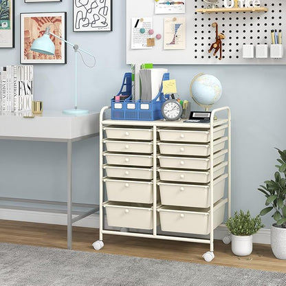 Happygrill 12-Drawer Rolling Storage Cart, Multipurpose Storage Cart W/Lockable Wheels, 2 Sizes Plastic Drawers & Metal Shelf, Mobile Utility Cart for Home Office School (Ivory)
