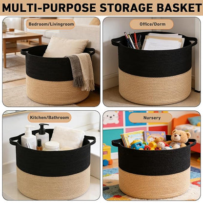 90L Extra Large Blanket Basket,Woven Laundry Basket Hamper with Handles, Decorative Nursery Basket Storage Bin for Toys, Clothes Organizer, Living Room, Bedroom, Bathroom, Black&Camel