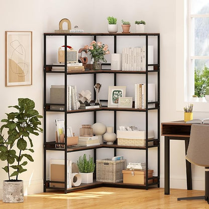 Giantex 5-Tier Corner Bookshelf, 71" L-Shaped Bookcase, Tall Etagere Bookshelf with Metal Frame, Industrial Open Display Shelf, Vertical Storage Rack for Living Room, Study, Office (Rustic Brown)