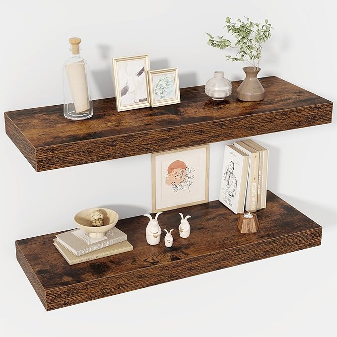 Acovy 30 Inch Floating Shelves, 12" Deep Floating Shelf Wall Mounted, 30" Wall Shelves, Rustic Deep Bookshelf, Extra Deeper & Thicker Display Shelves for Bedroom, Living Room, Brown, Set of 2
