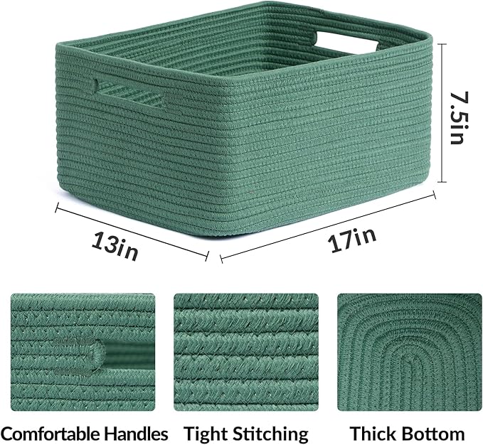 MiniArk Large Storage Baskets for Organizing, Closet Shelf Baskets for Clothes Blanket Towels, Baby Nursery, Toy Bins Box, Woven Rope Baskets, 17 x 13 x 7.5”, 4 Packs Green