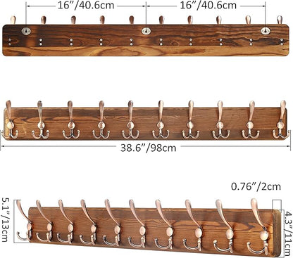 SKOLOO Coat Rack Wall Mounted - 38.6" Long, Wooden, Heavy Duty, Rustic Coat Hooks for Wall, Coat Rack with 10 Triple Hooks for Hanging Clothes, Jacket, Hat(Brown & Retro Red)