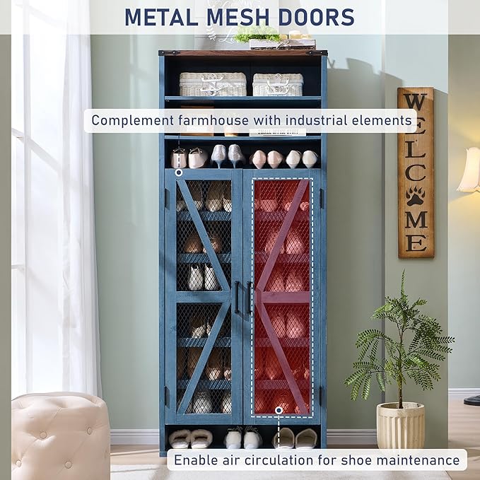 JXQTLINGMU Farmhouse Shoe Cabinet, 72" Tall with Mesh Doors and Adjustable Shelves, Rustic Wooden Shoe Organizer, Modern Large Shoe Cabinet Storage for Entryway, Blue