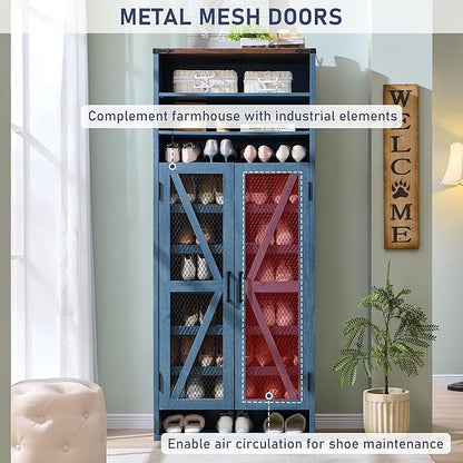 JXQTLINGMU Farmhouse Shoe Cabinet, 72" Tall with Mesh Doors and Adjustable Shelves, Rustic Wooden Shoe Organizer, Modern Large Shoe Cabinet Storage for Entryway, Blue