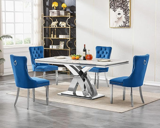 Modern Marble Dining Table Set for 4, Luxury Kitchen Dining Room Table Set for 4, 68" Faux Marble Dinner Table with Velvet Chairs, 5 Piece Dining Table Set for Dinner Party Gathering, Blue & Silver