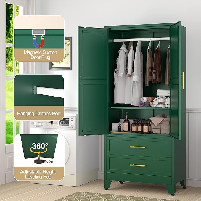 71" Metal Wardrobe Cabinet with 2 Doors, 1 Adjustable Shelf and 2 Drawers, Metal Clothing Storage Cabinets with Hanging Rod, Armoire Wardrobe Closet for Bedroom, Cloak Room, Gym (Green)