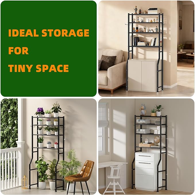 4-Tier Over The Toilet Storage, Space Saver Metal Bathroom Shelves, Freestanding Above Over Toilet Storage Shelf with 4 Hooks for Bathroom, Black