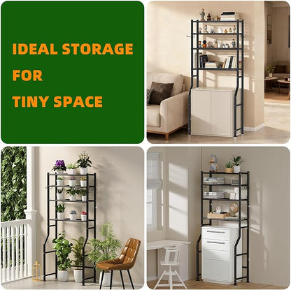 4-Tier Over The Toilet Storage, Space Saver Metal Bathroom Shelves, Freestanding Above Over Toilet Storage Shelf with 4 Hooks for Bathroom, Black