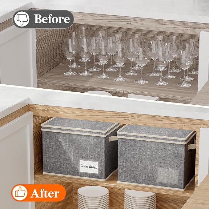 Lifewit 3 Pcs Wine Glass Storage Box with Dividers, Stackable Cationic Hard Shell Stemware Organizer with 36 Cells, Foldable Dustproof China Containers for Moving, Light Grey
