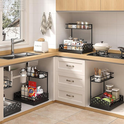 Sevenblue 2 Packs Under Sink Organizer, Height Adjustable 2 Tier Under Kitchen Sink Organizer, Multi-Purpose Storage Shelf for Kitchen Bathroom Cabinet (Metal, Extra Large)