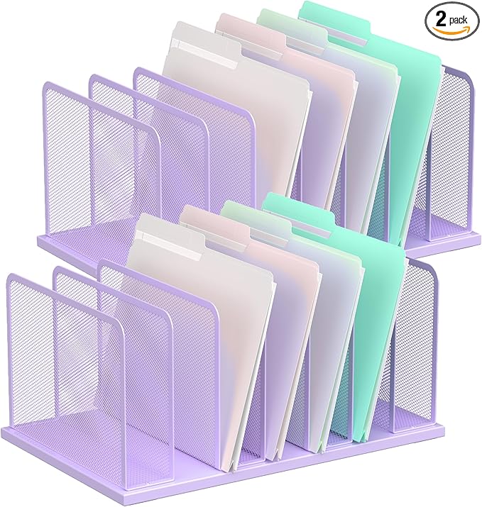 Kuntine.B Desk File Organizer Upright Mesh Desktop Organizer File Sorter Office Organization File Holder for Home, Office & Classroom (Purple, 2 Pack 7-Section)