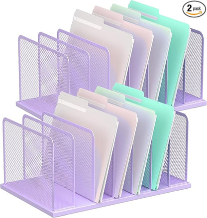 Kuntine.B Desk File Organizer Upright Mesh Desktop Organizer File Sorter Office Organization File Holder for Home, Office & Classroom (Purple, 2 Pack 7-Section)