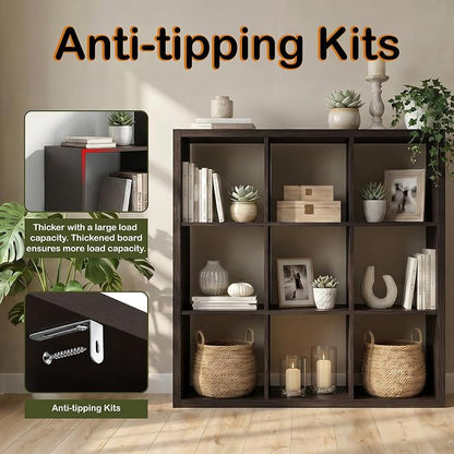 WannabeMyself【2026 Wooden Thick Frame】 9 Cube Storage Organizer with Anti-Tipping Kits, Reversible Open Back Book Shelf,Bookcase for Living Room,Bedroom,Entrance Hall,Office,11.6×36.3×36.3,Chocolate