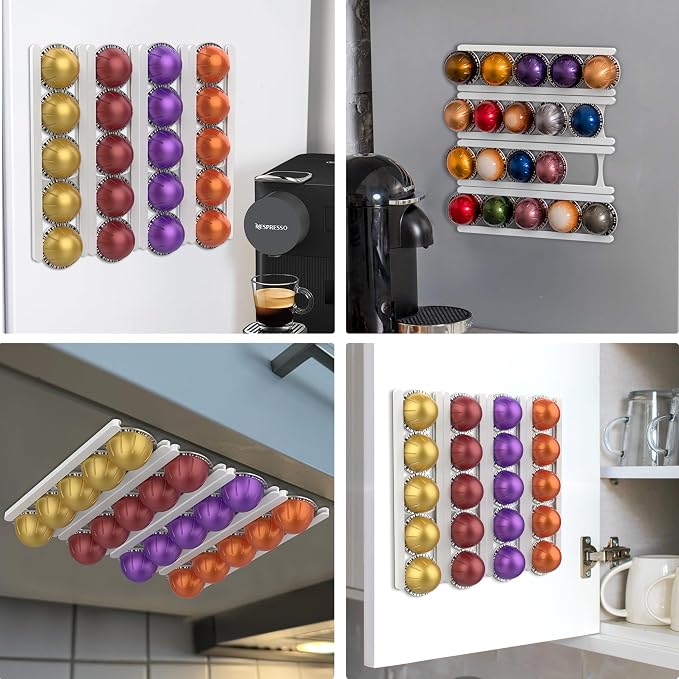 Coffee Pod Holder Compatible with Nespresso VertuoLine Capsules – 20-Pod Space-Saving Organizer for Wall, Cabinet, or Under-Counter Mount, White