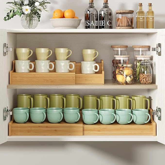 Hongtamoya 2-Tier Expandable Bamboo Mug Holder Coffee Mug Rack Organizer for Countertop, Multi-Functional Mug Display Shelf for Coffee Bar, Kitchen, and Home (15.35"~29.92")