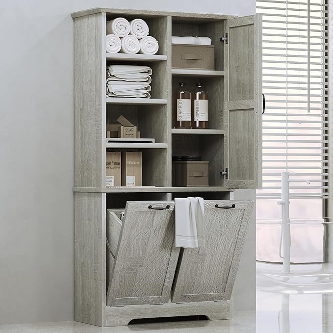 Merax Cabinet with Tilt-Out Laundry Hamper Basket, Tall Bathroom Storage Organizer Linen with Open Shelf for Home, Freestanding, Oak