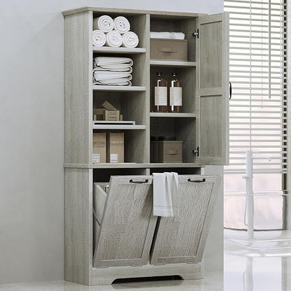 Merax Cabinet with Tilt-Out Laundry Hamper Basket, Tall Bathroom Storage Organizer Linen with Open Shelf for Home, Freestanding, Oak