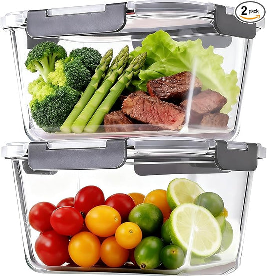 2 Pack Large Glass Food Storage Containers with Lids 85oz/10.5cup Big Airtight Storage Containers for Rotisserie Chicken Meal Prep Leftovers, BPA Free & Leak Proof, Microwave, Oven Safe (gray)