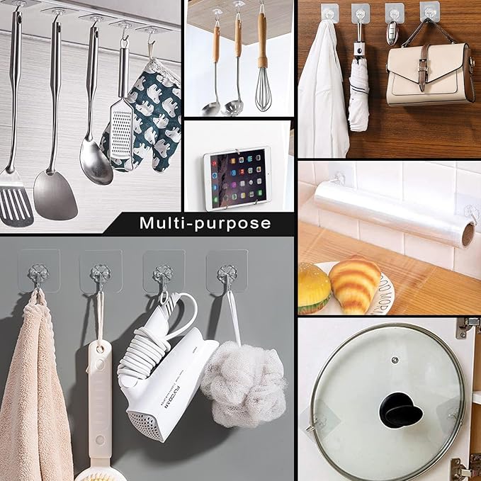 ZESLMG Adhesive Wall Hooks No Damage for Hanging, 24 Pack Large Self Sticky Hooks Heavy Duty 44lb Removable, Clear Hook for Shower Towel Coat Key Picture Wreath Outdoor Bathroom Kitchen, Waterproof