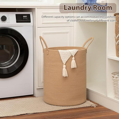 OIAHOMY Large Laundry Basket Hamper - 60L Cotton Rope Woven Basket for Blankets, Toys, Clothes - Tall Decorative Nursery Hamper with Long Handles, Yellow