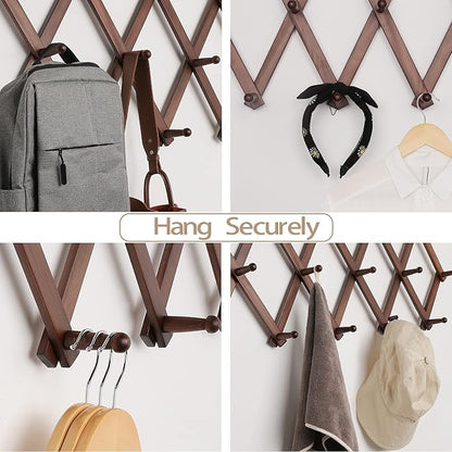 16 inch High Accordion Wall Hanger with 14 Hooks, Wooden Wall Expandable Coat Rack for Coat, Hats, Baseball Caps, Coffee Mug, Jewelry