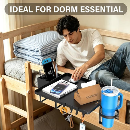 Bedside Shelf, Metal Bed Shelf For Dorm Room Bunk Bed & Top Bunk, College Dorm Room Essentials, Clip On Floating Tray Space Saving Nightstand For Loft Beds With Removable Cup & Holder (Black)