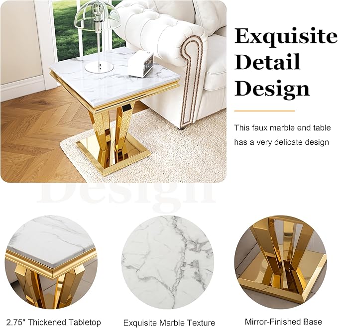 Marble End Table, Modern Square 23” Side Table with Diamond-Shape Stainless Steel Base and Faux Marble Top, Small Sofa Table for Living Room, Bedroom, Lounge (Gold,White)