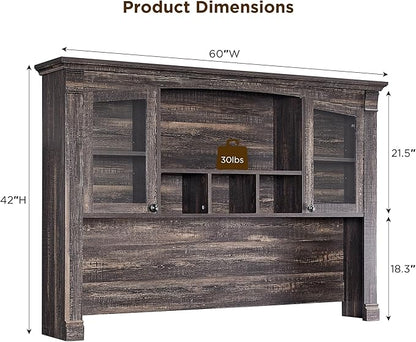 OKD Farmhouse Hutch for 60" Executive Desk, Office Desk Storage Cabinet with Glass Doors and Shelves, Top Hutch Organizer for Home Office - Dark Rustic Oak