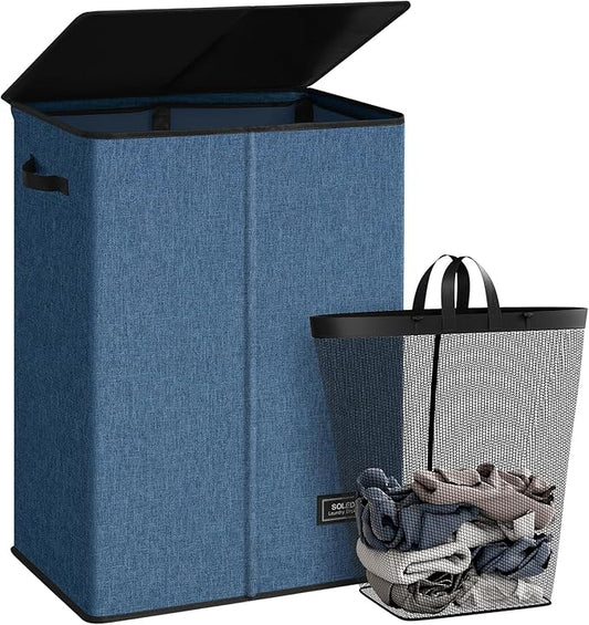 SOLEDI Laundry Hamper with Lid 130L Large & Tall Collapsible Laundry Basket, Clothes Hamper with Bag Removable Easy to Carry, Dirty Hampers for Bedroom, Bathroom, Dorm, College, Blue