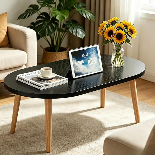 Coffee Table Low Table with Solid Wood Legs, 31.5x19.7 Large Coffee Table Side Table, Floor Table Desk for Sitting on The Floor, Living Room Furniture for Office Apartment Home, Oval Black