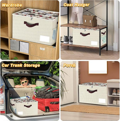 2 Pack Large Shoe Organizer for Closet, Adjustable Dividers Shoe Storage Bins Boxes, Foldable Shoe Holder Cube Containers with Clear Cover for Men’s Shoes, High Heel,Sneaker,Slippers,Boots(Beige)
