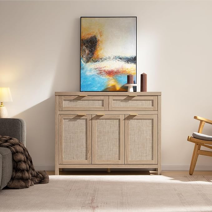 SICOTAS Rattan Sideboard Buffet Cabinet with Storage, Boho Credenza Accent Cabinet with 3 Doors and 2 Drawers, Farmhouse Console Coffee Bar for Kitchen Living Room Entryway, Light Oak, 2 PCS
