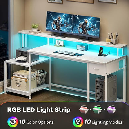 55 Inch Computer Desk with Monitor Shelf&LED Lights,Home Office Desk with Power Outlet&Printer Storage Shelves,Gaming Desk with Drawer,White Study Table for Bedroom Home Office