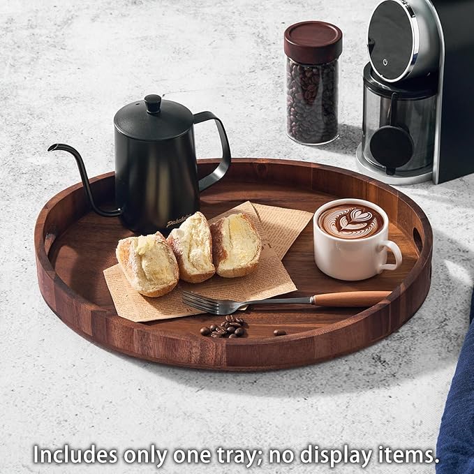 Acacia Wood Serving Tray with Handles - Round Decorative Ottoman Tray for Coffee Table, Breakfast in Bed, Living Room, Kitchen Counter, Candle Display, Tea Party, Lunch, Dinner, Bathroom & Home Decor