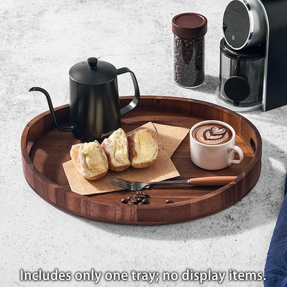 Acacia Wood Serving Tray with Handles - Round Decorative Ottoman Tray for Coffee Table, Breakfast in Bed, Living Room, Kitchen Counter, Candle Display, Tea Party, Lunch, Dinner, Bathroom & Home Decor
